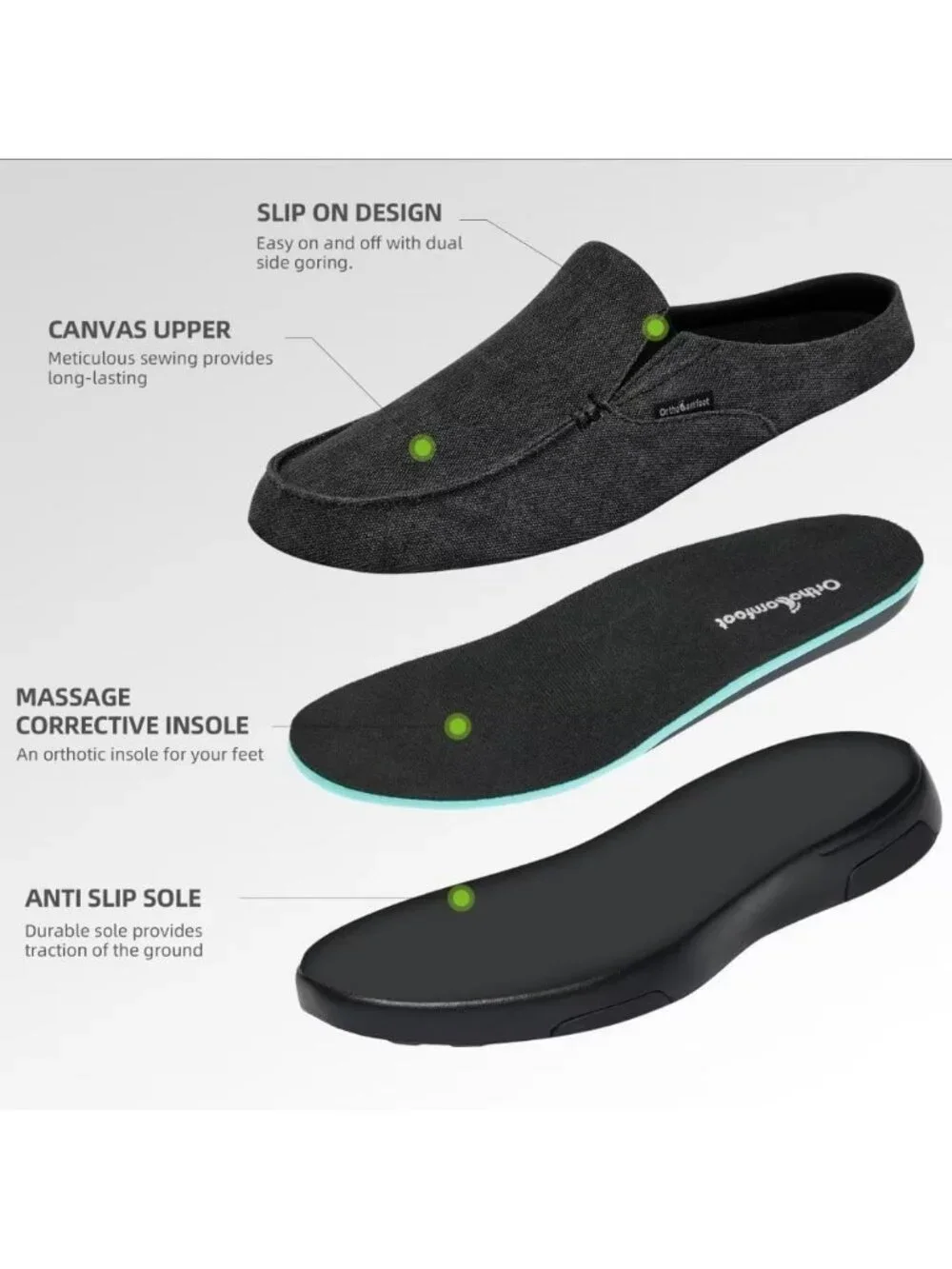 OrthoComfoot Men's Black Rubber Loafers Lightweight & Breathable Slip On Shoes